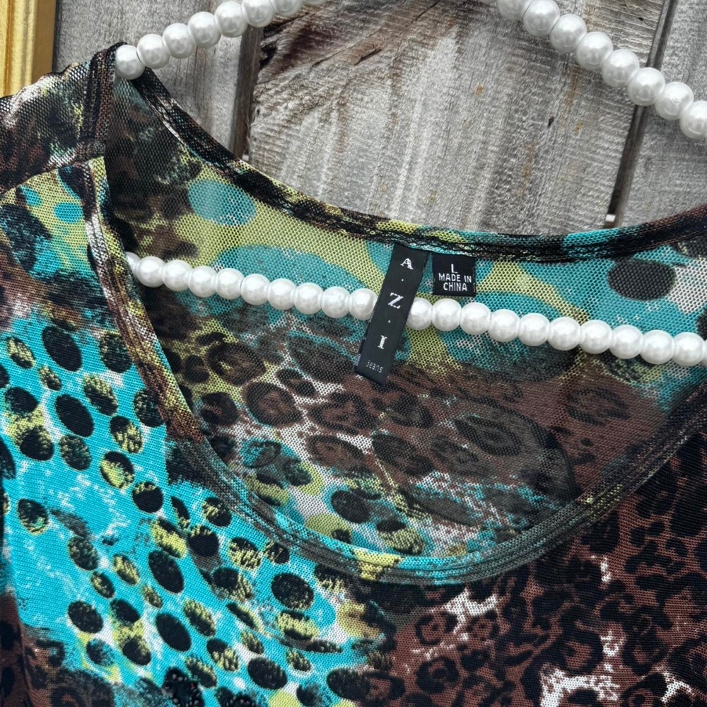 Sheer Mesh Leopard Print Blouse Sequins Blue Brow… - image 6